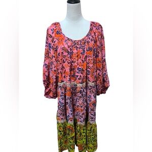 Anthropologie Mabel mini Floral Boho Dress with Pink and Green Accents